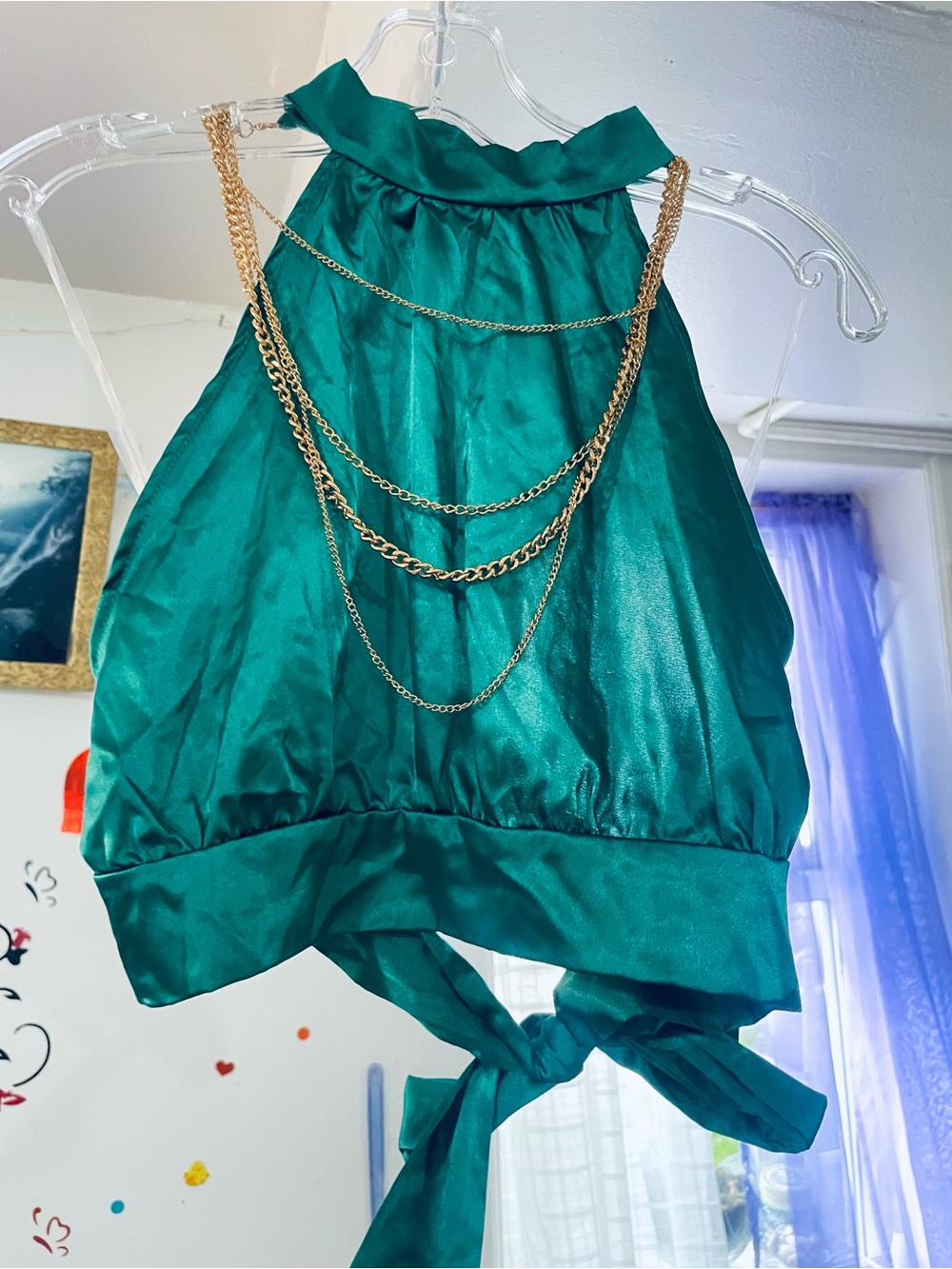 Emerald Green Halter Crop Top with Gold Chain Detail